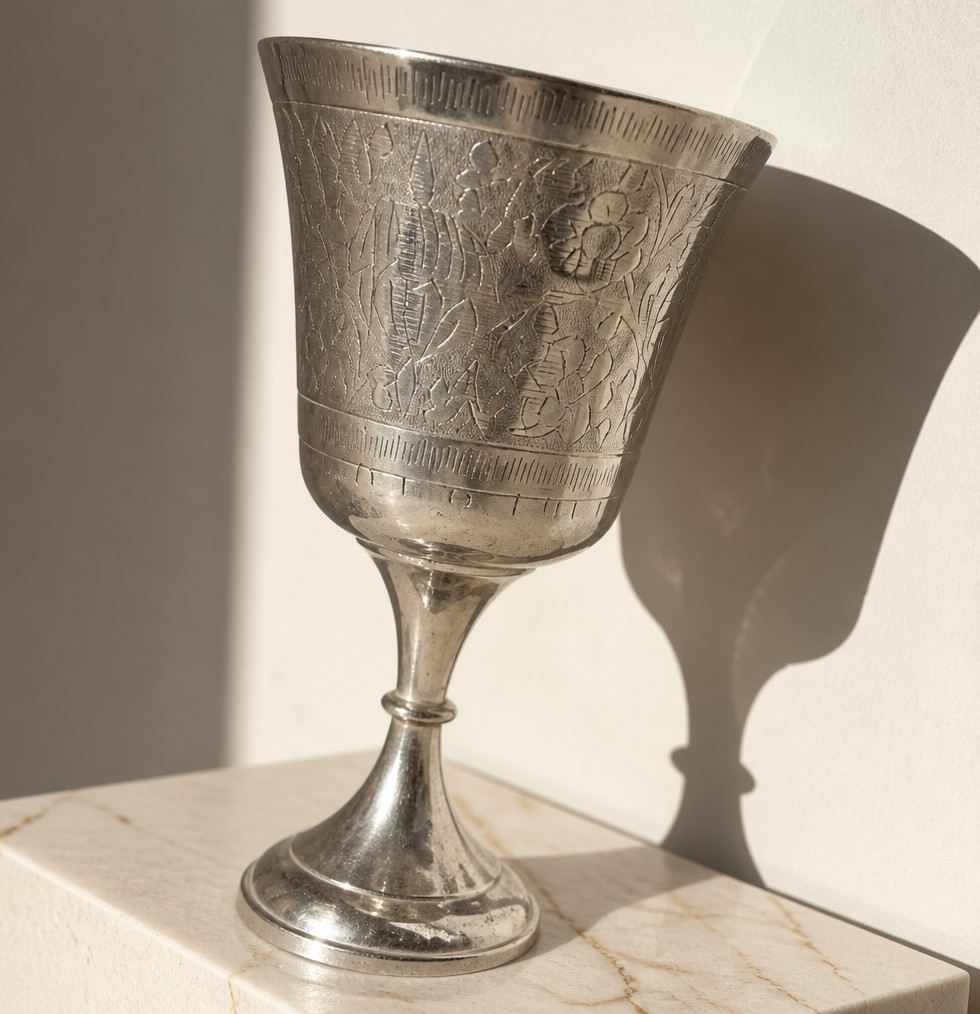Antique Silverplate Floral Etched Engraved Silver-Tone Stemmed Goblet Cup