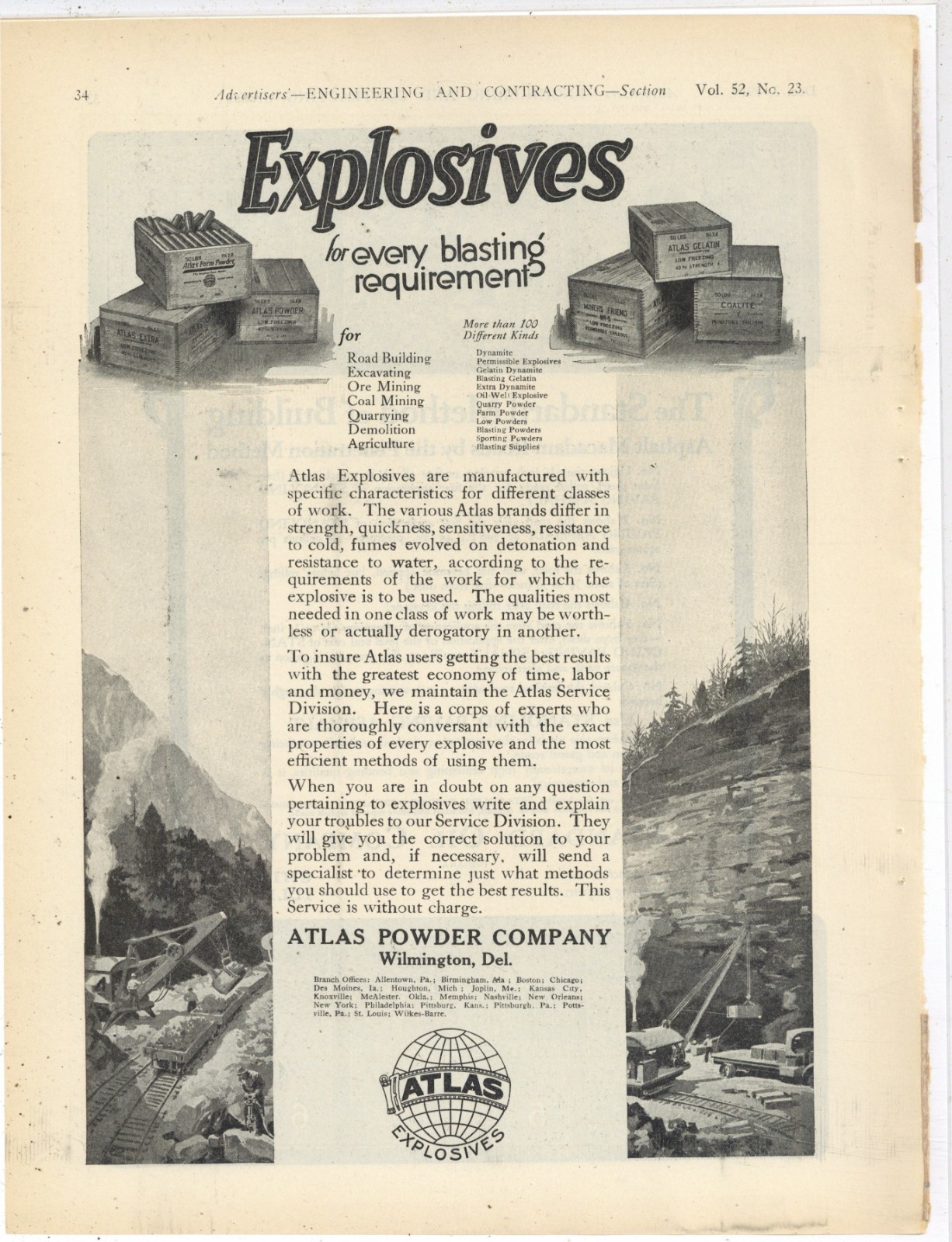 1919 Atlas Powder Co. of Wilmington Delaware Ad: Explosives for All Requirements