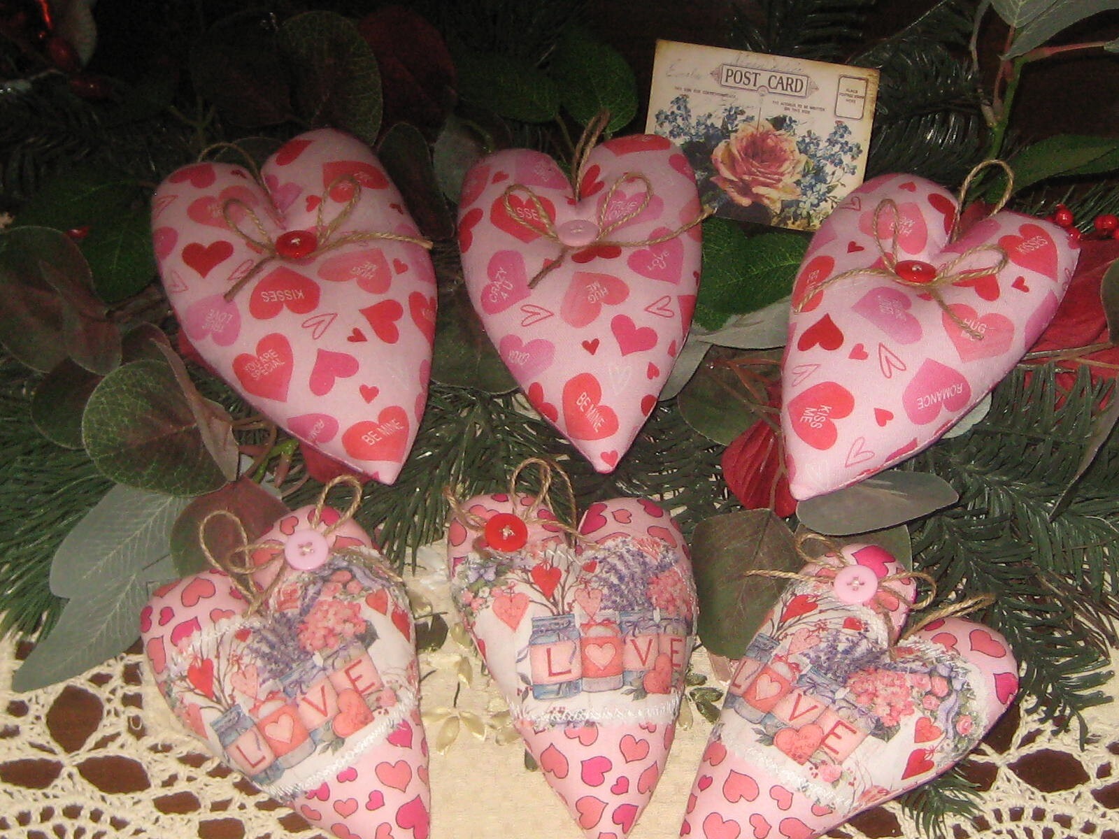Valentine Decor 3 Appliqued LOVE Hearts 3 CONVERSATION Hearts Ornaments Handmade