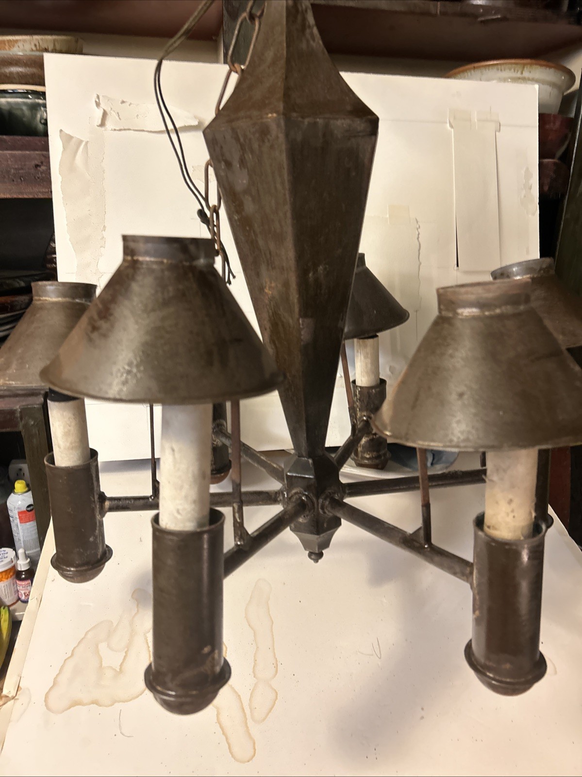 ANTIQUE HAND FORGED EARLY AMERICAN COLONIAL Primitive 6 ARM TIN CHANDELIER