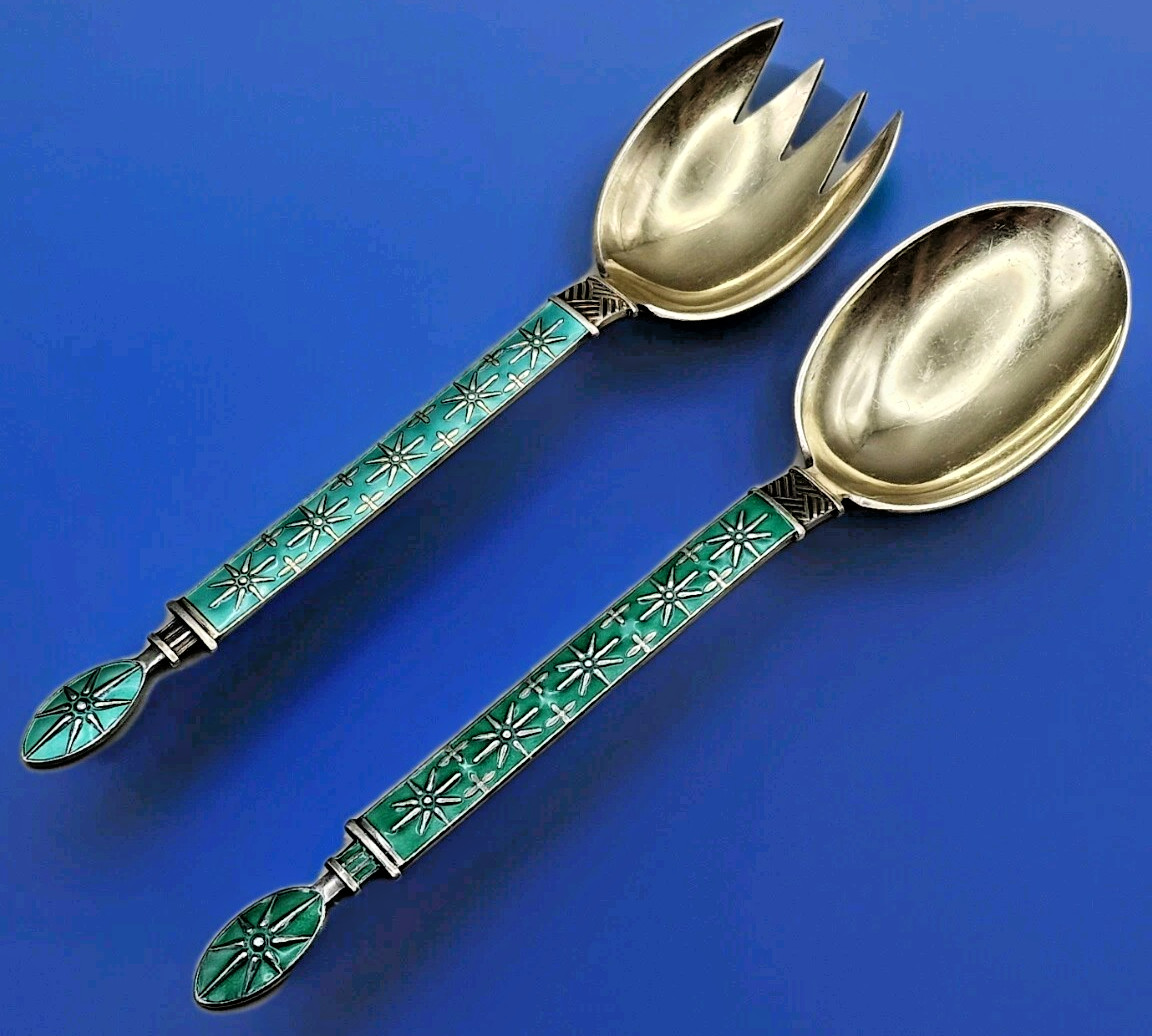 Vintage Sterling Silver Salad Serving Set Spoon Fork Enamel J. Tostrup Norway