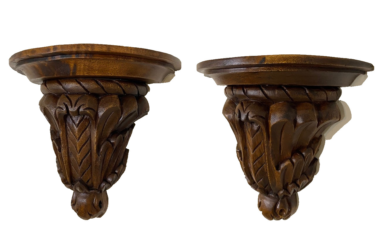 Pair of Hand-Carved Wooden Corbels with Acanthus Leaf Motif and Walnut Color