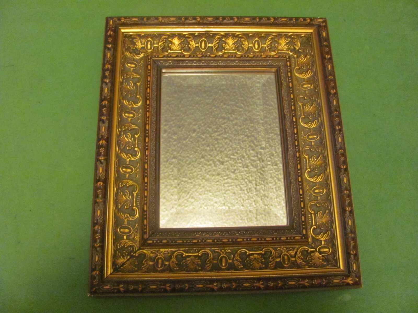 Antique/Vintage Ornate Gold Gilt Gesso Wood Beveled Mirror 13″ X 11″ X 1 3/4″.