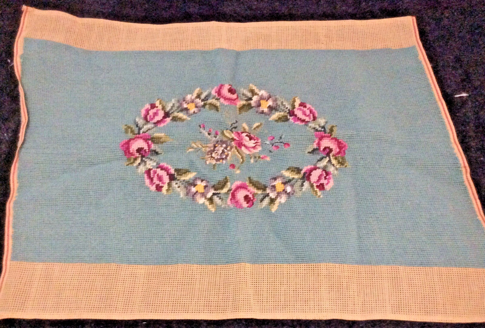 Vintage Needlepoint Bench Seat Cover Flowers w/ Teal Background