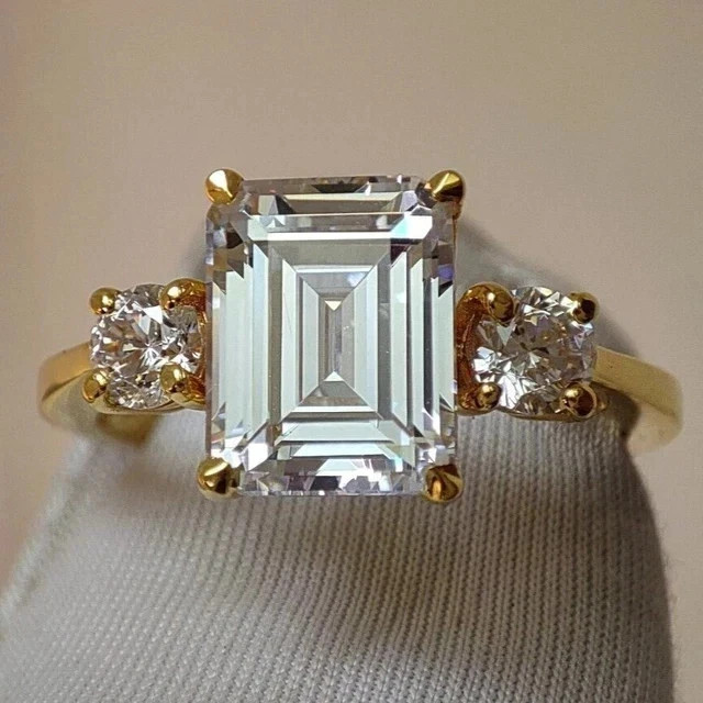 3Ct Emerald-Cut Lab Created Solitaire Engagement Ring 14K Yellow Gold Plated