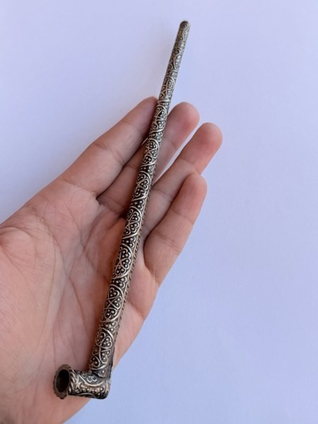 Ancient Tobacco Silver Pipe Vintage Engraved Smoking Artifact