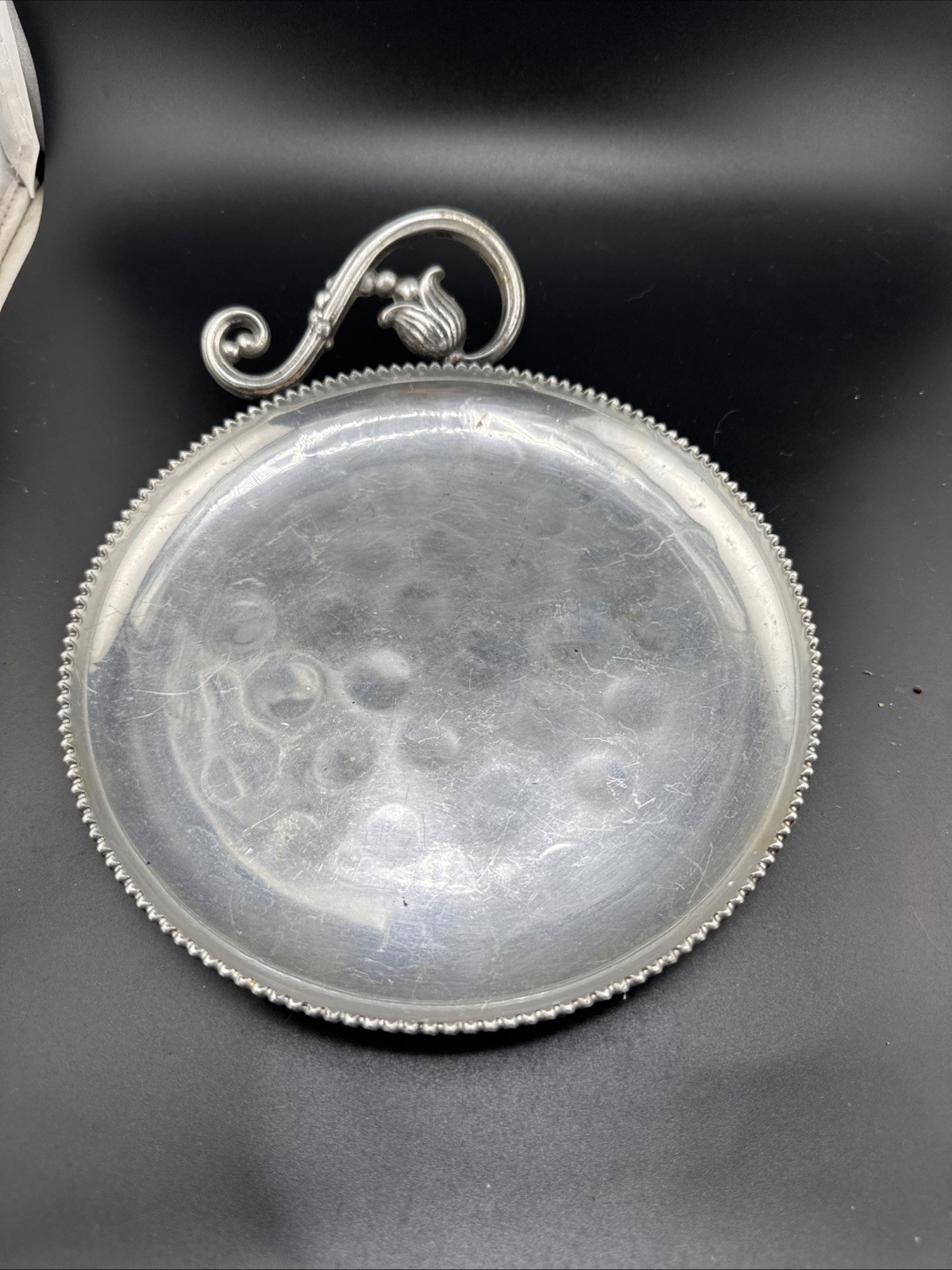 Vintage Farberware Silver Plate Round Serving Tray Dish Edge Scroll Handle
