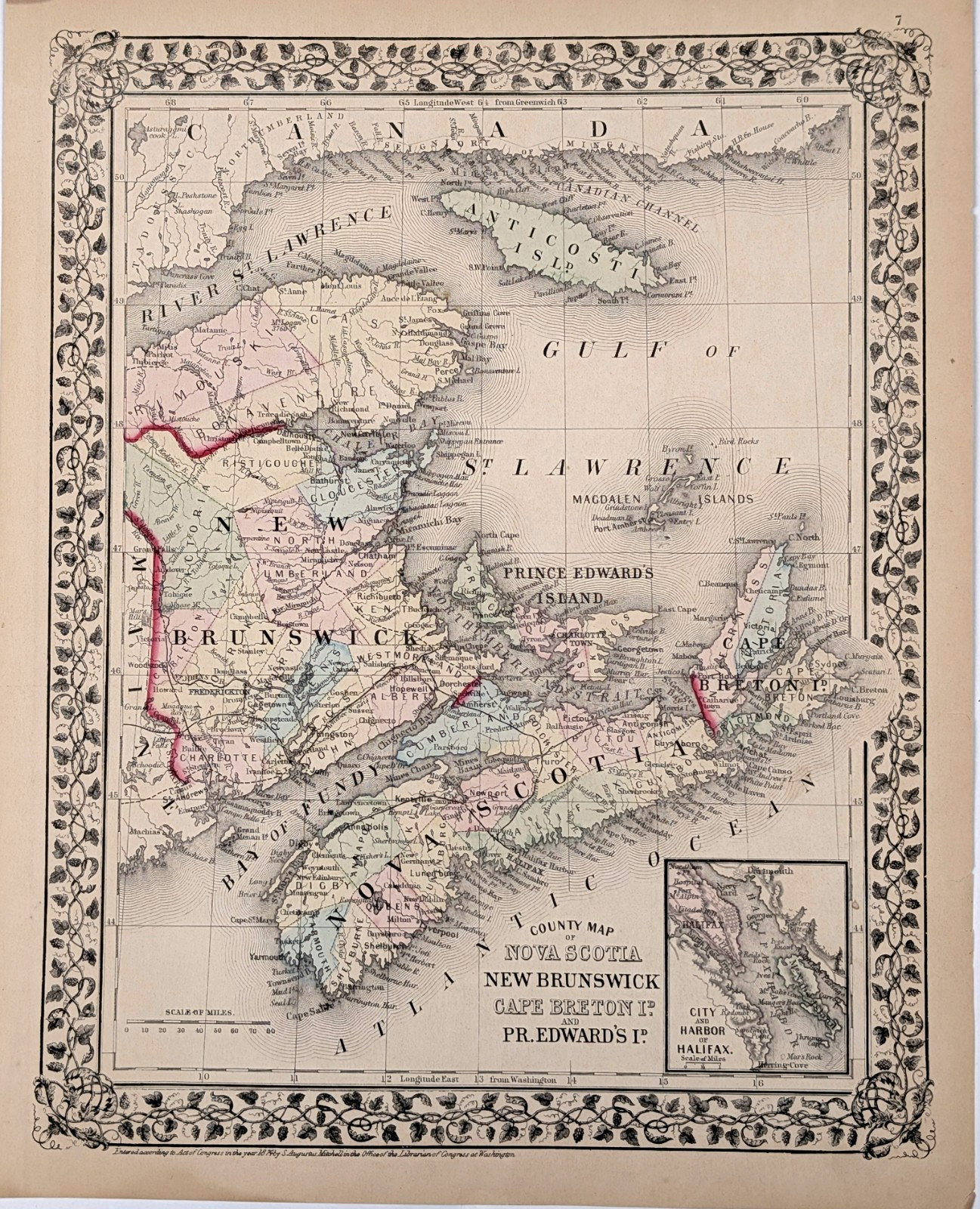1874 Eastern Canada Map NOVA SCOTIA – HALIFAX – BAY OF FUNDY Original ANTIQUE