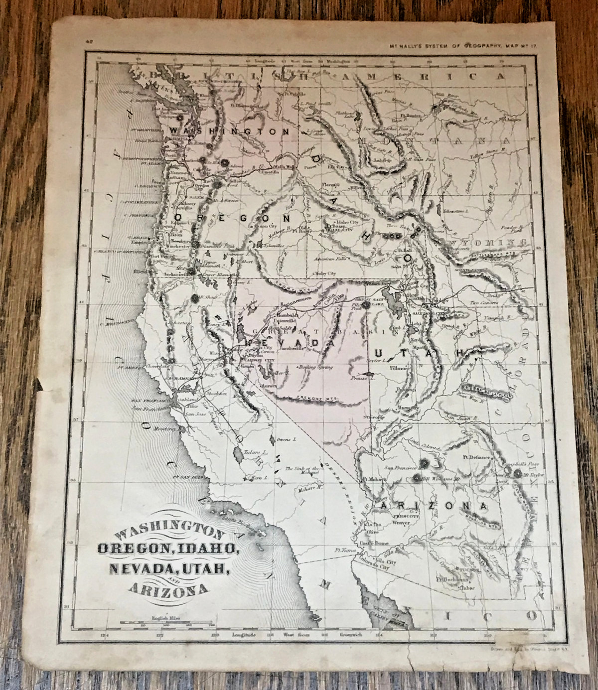 1876 McNALLY GEOGRAPHY ATLAS-MAP WASHINGTON, OREGON, IDAHO, NEVADA, UTAH ARIZONA