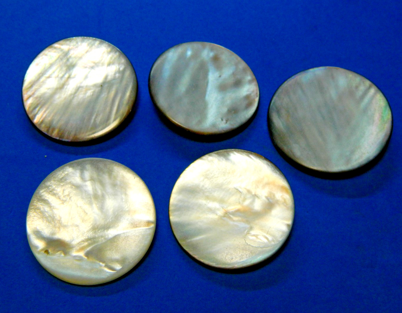 LOT 5 Lg Antique Grey MOP Pearl Shell Buttons Wonderful Colors Brass Shanks