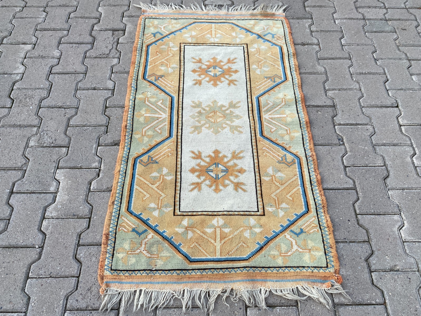 Small Vintage Turkish Area Rug 2.6 x 4.6 ft – Handmade Wool Geometric Carpet