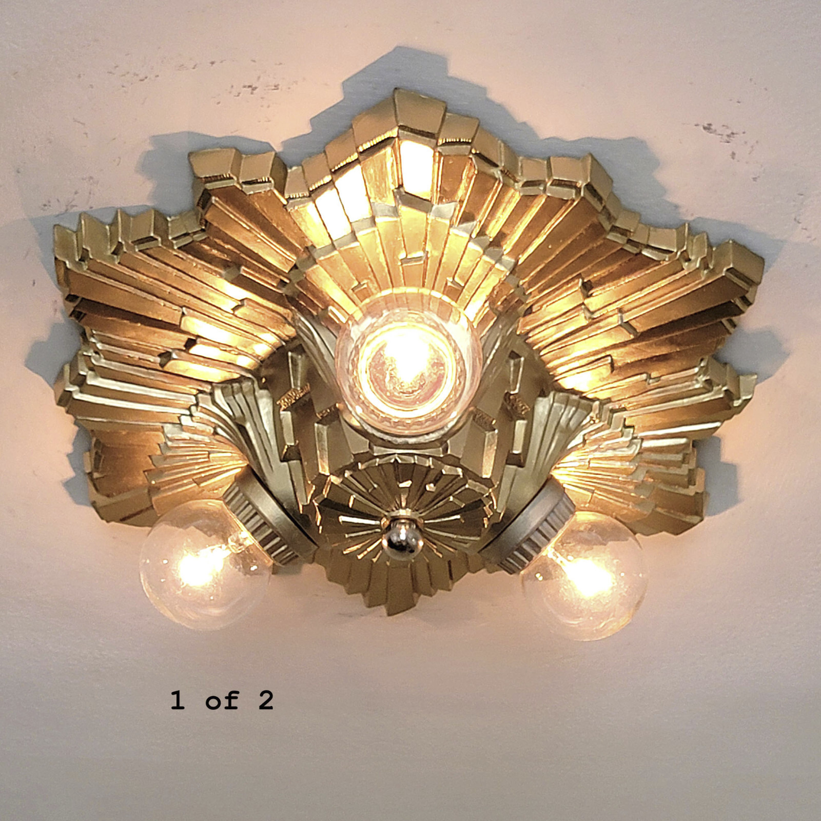 900b Antique 1930′ s arT Deco ceiling light fixture brass chandelier glass shade