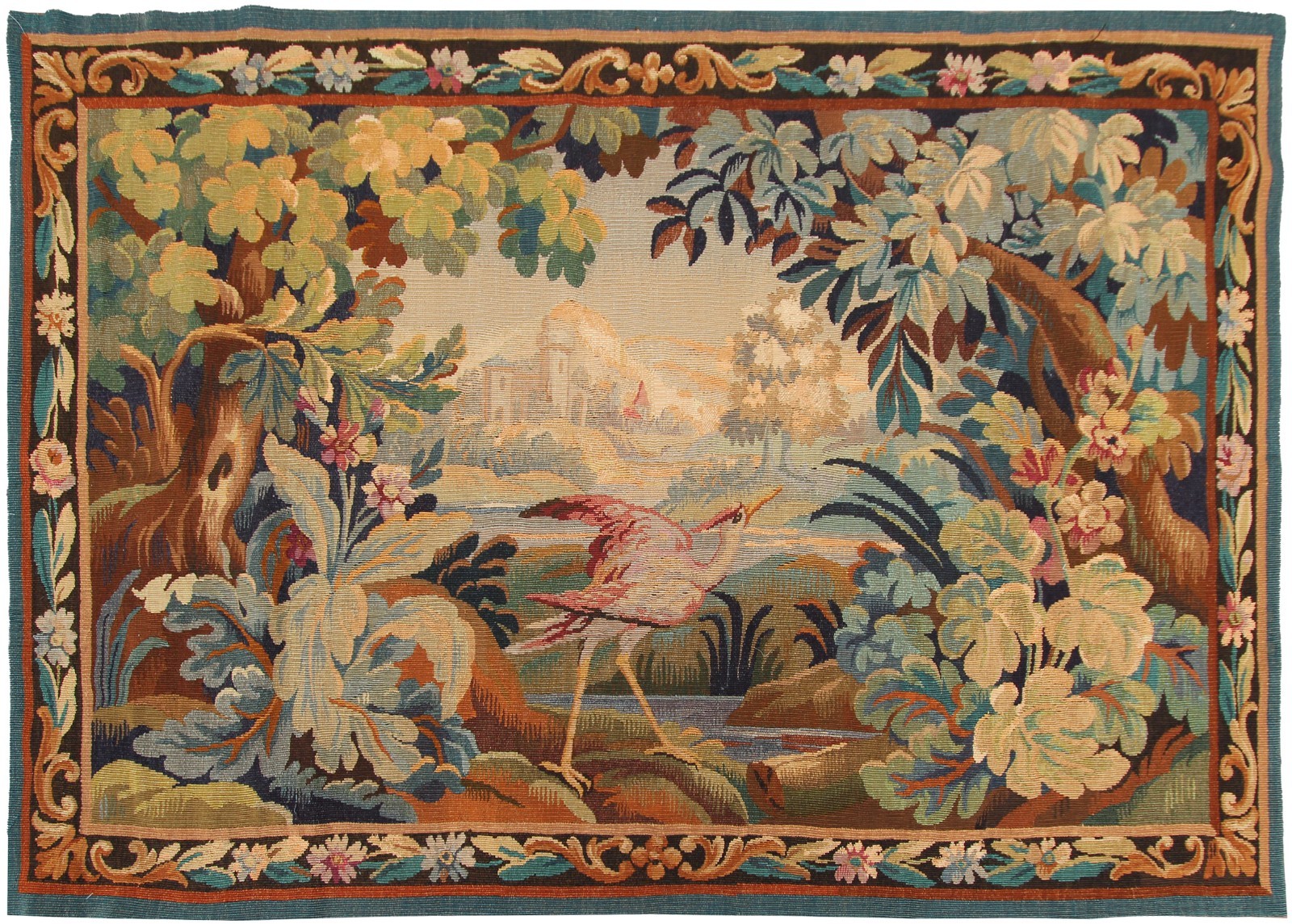 4×6 Antique French Verdure Bird Tapestry Handmade Green 110cm x 163cm c.1900