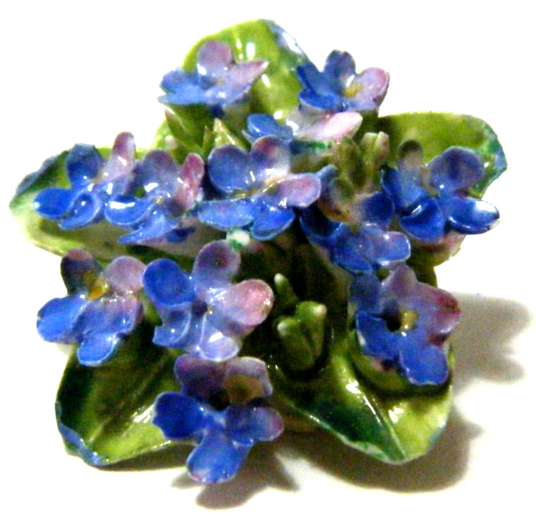 Antique Button ceramic with cluster of blue flowers metal shank England 1.5″