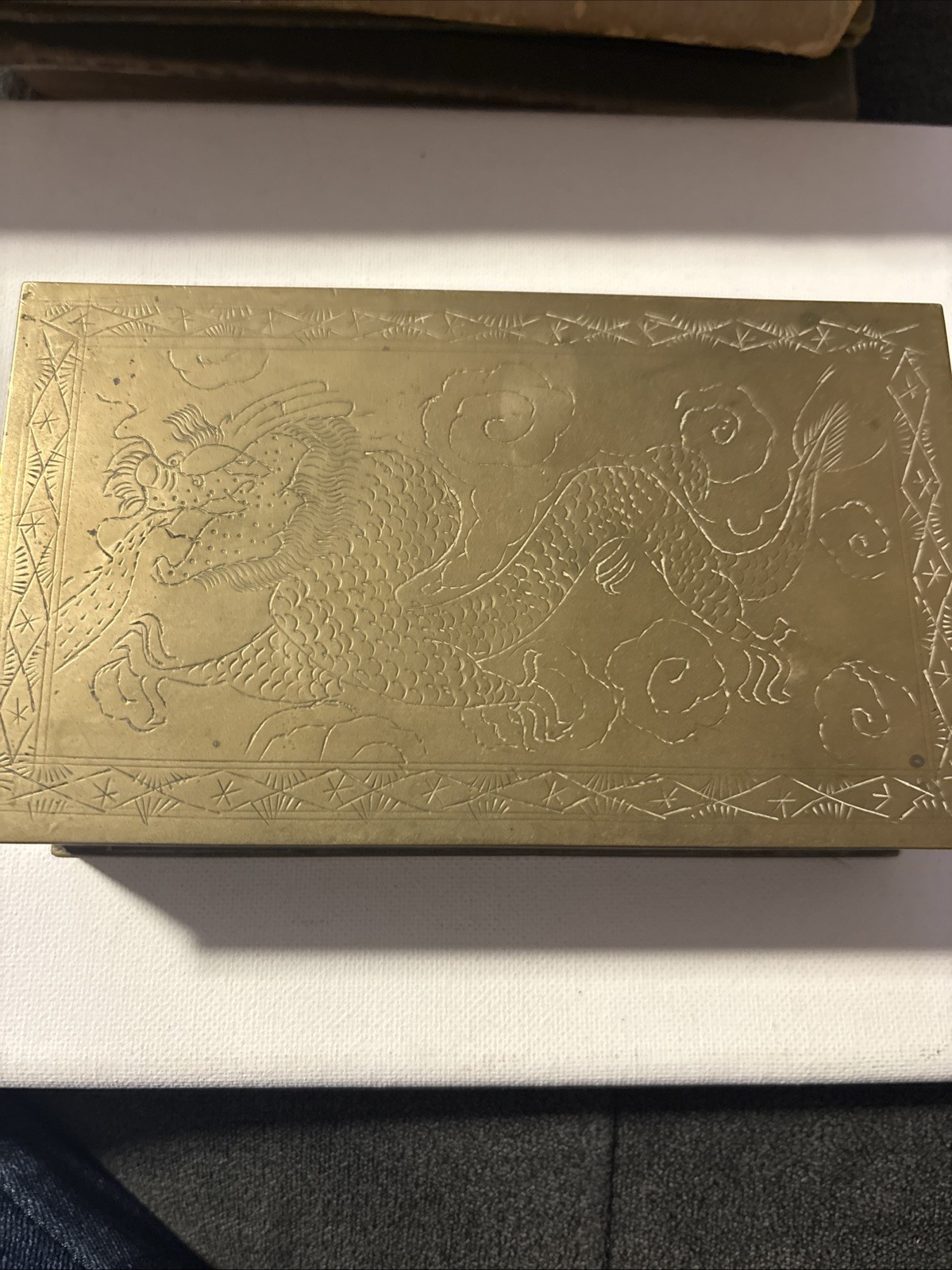 Antique Chinese Dragon Engraved Brass Trinket Box / Humidor. Hand Made 1900-1940