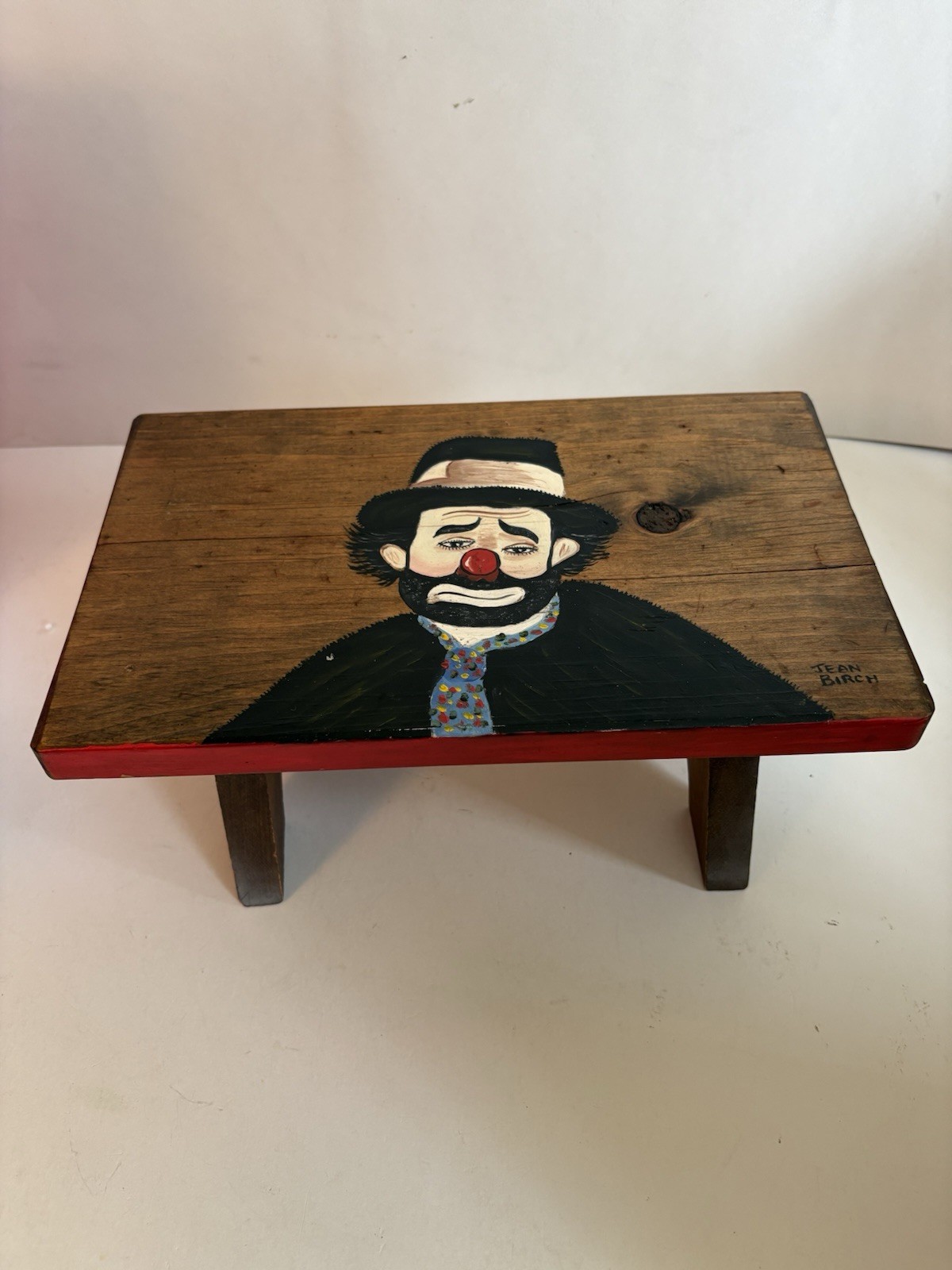 Small Hand Crafted Wood Bench Stool Doll Toy- Painted Clown SignedBy Jean Birch