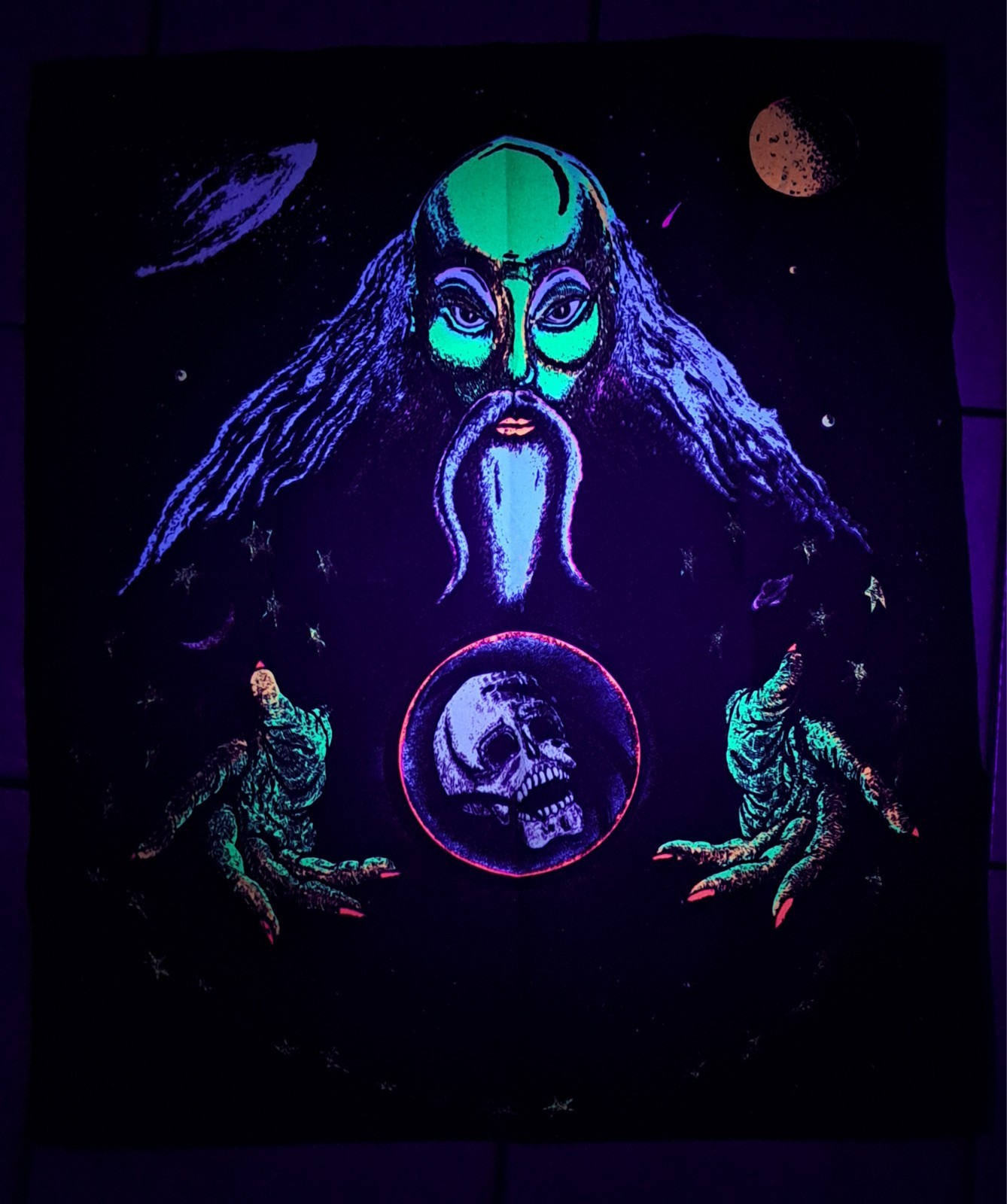 Wizard of Darkness Skull 25”x29” Blacklight / Glow Tapestry 1996 VINTAGE 90’s