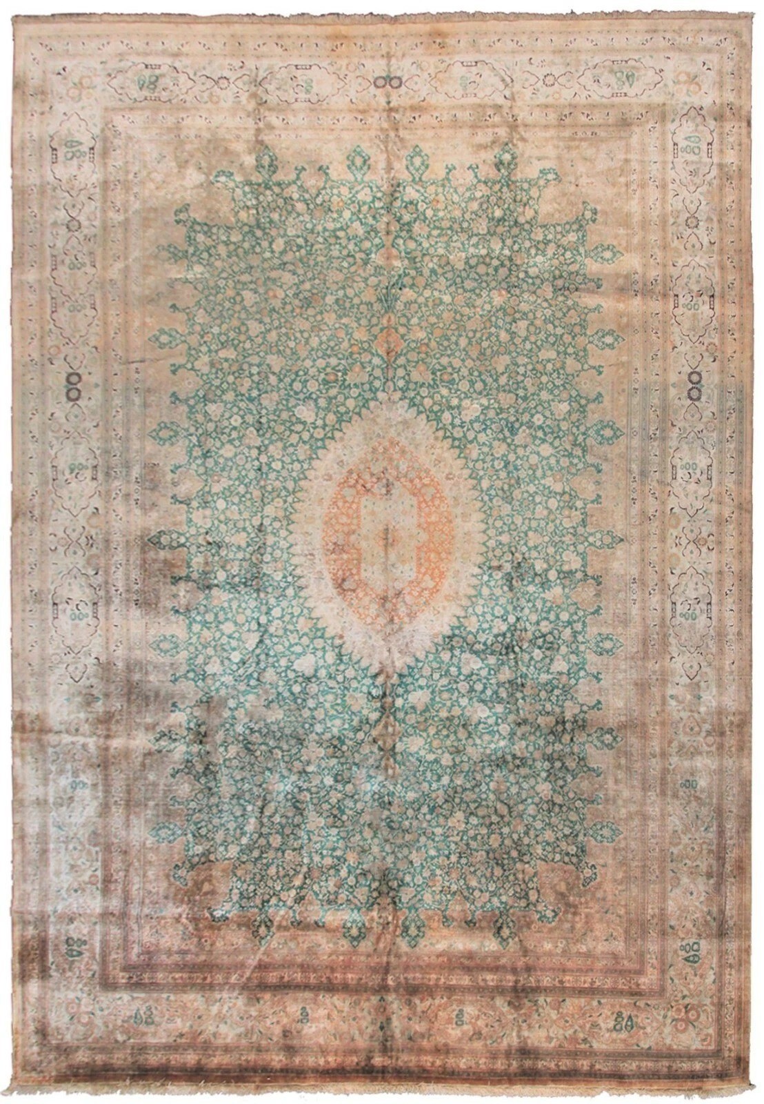 10×14 Fine Silk Rug Ivory Aqua Floral Lattice Elongated Medallion Oriental Rug
