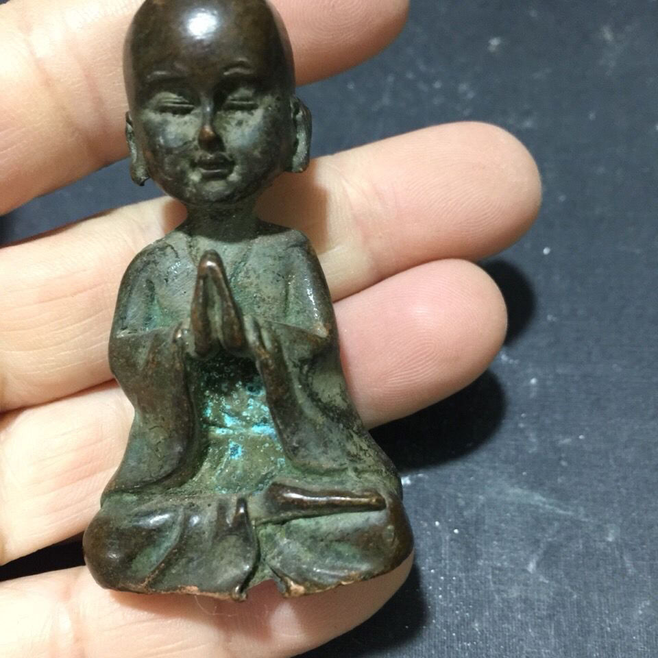 Art Vintage Chinese Bronze Buddha Blessing Monk Statue Figure Table Decoration