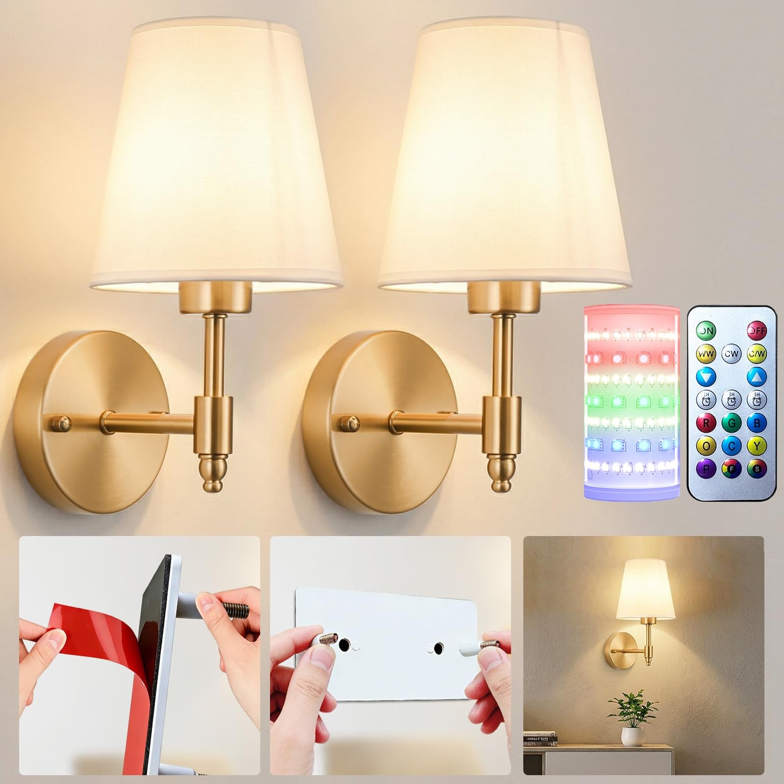 Nekhung Battery Operated Wall Sconces Set of Two, Wireless One Size, Brass