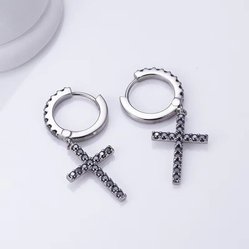 Round Simulated Black Diamond Cross Drop Clip On Earring 14K White Gold Plated