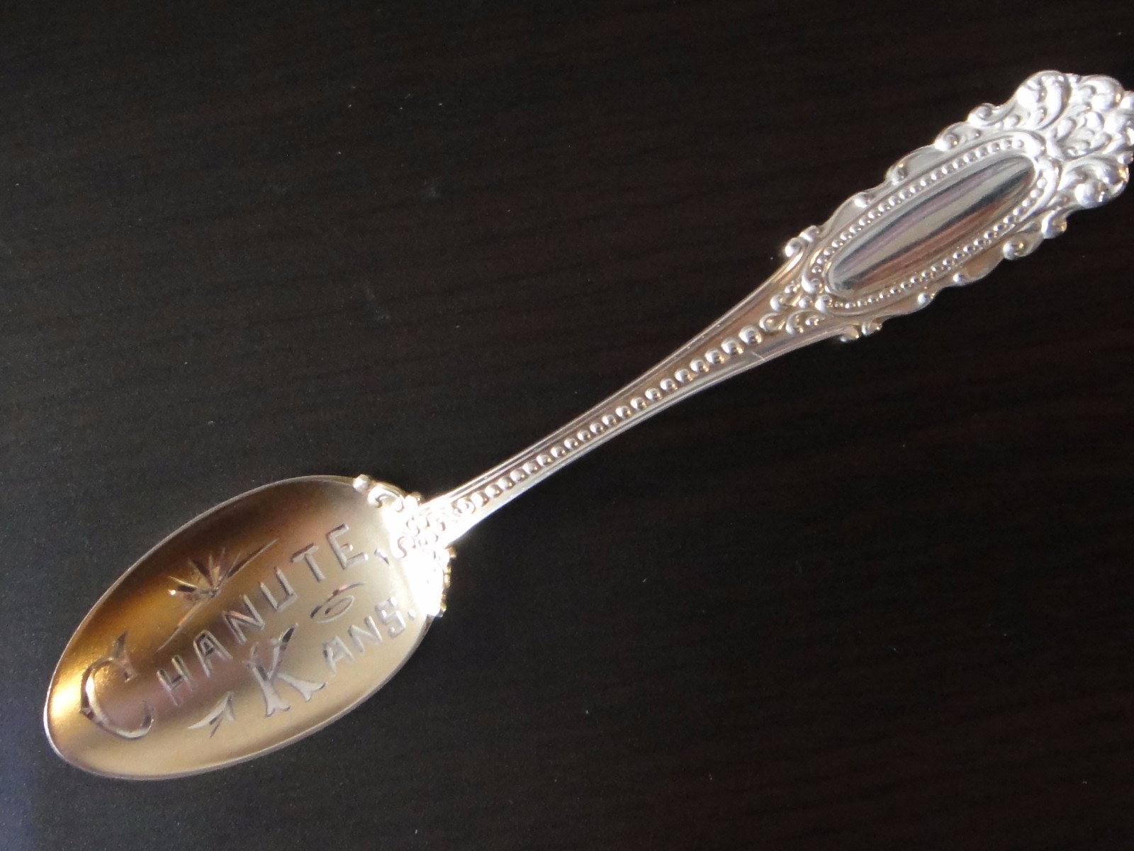 Antique 5″ Sterling Souvenir Spoon Goldwash Bowl with decorative “Chanute Kans”