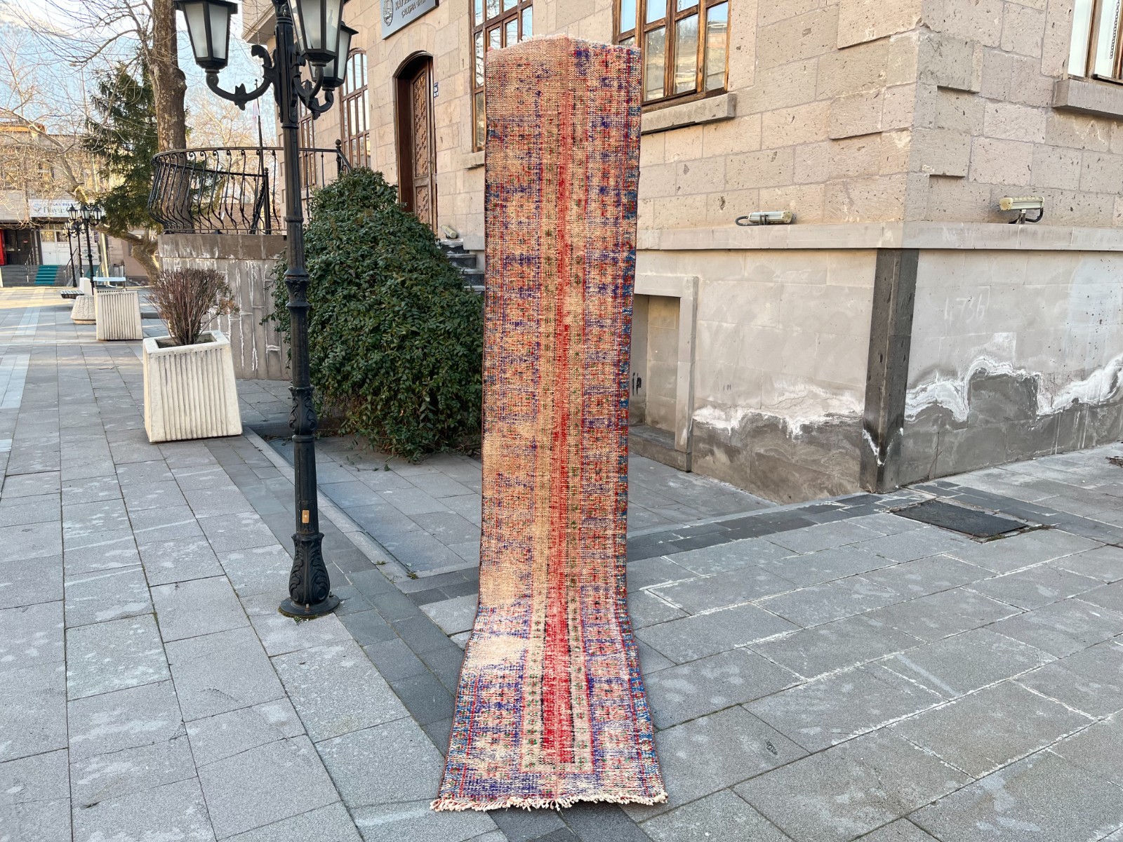 Vintage Turkish Runner Rug 2×11.4 Ft Distressed Beige Red Blue Wool