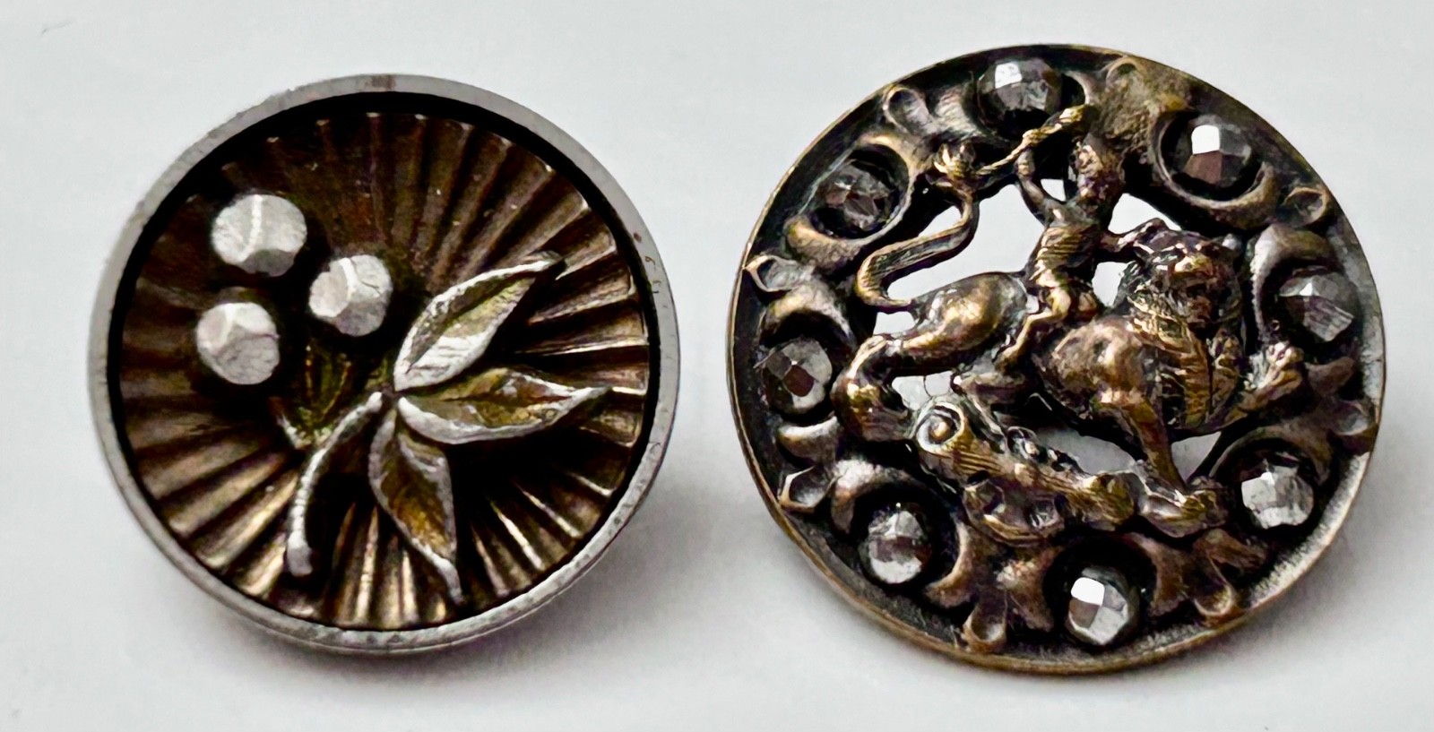 Rare 2 Sm Antique Cut Steel Picture buttons: Cupid Slays Jealousy & Fruit #510