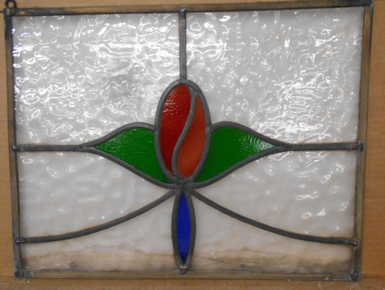 OLD ENGLISH LEADED STAINED GLASS WINDOW Unframed w Hooks Tulip 18.5″ x 14.5″