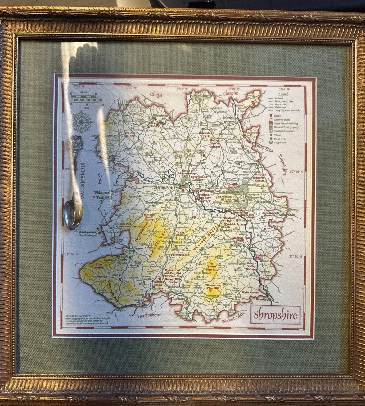 Framed Pictorial Map Shropshire 2004 B.M. Howard Welshpool Spoon Wall Art