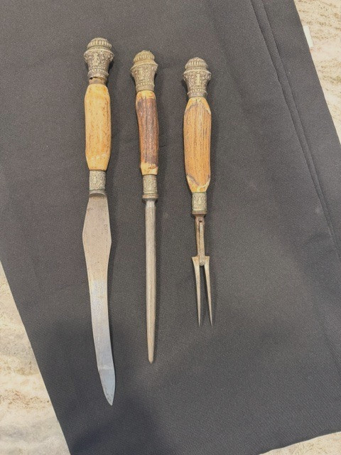 Antique 3 Piece Sterling Silver Stag Horn Carving Set Knife/Fork/Sharpener
