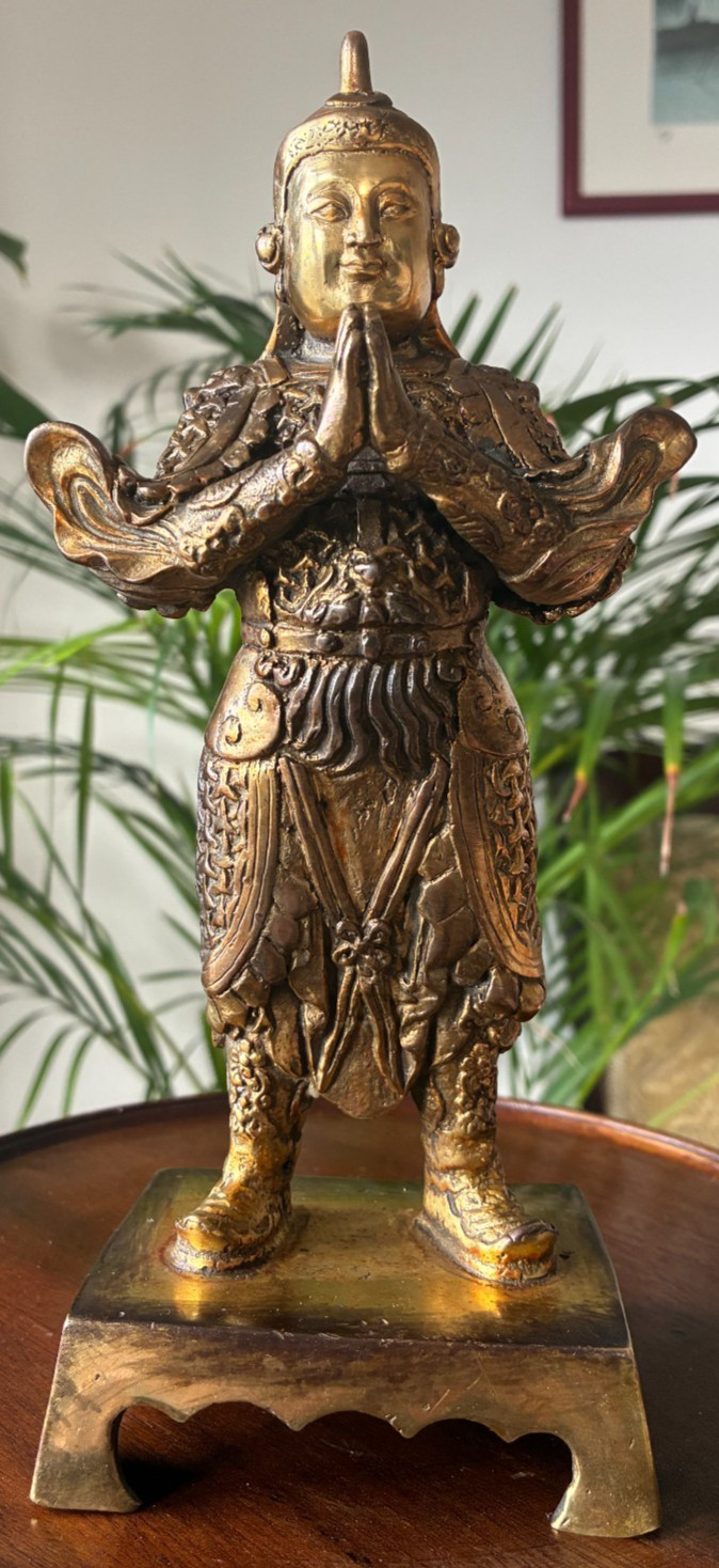 Antique Chinese gilt bronze figure of Buddhist Guardian Weituo Pusa, 23.5cm high