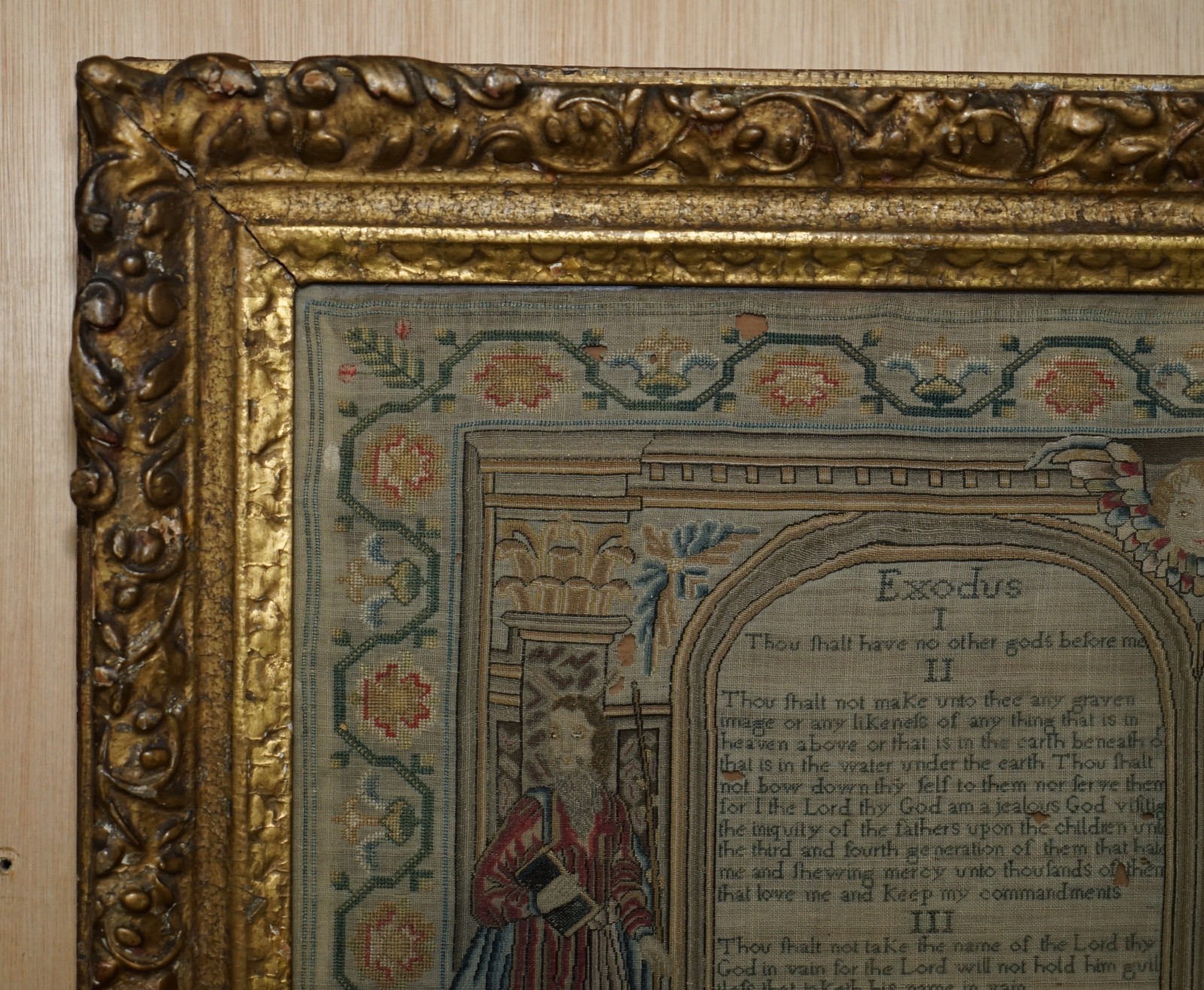 IMPORTANT ANTIQUE 10 COMMANDMENTS GEORGE I 1727 NEEDLEWORK SAMPLER MARY FARRAN
