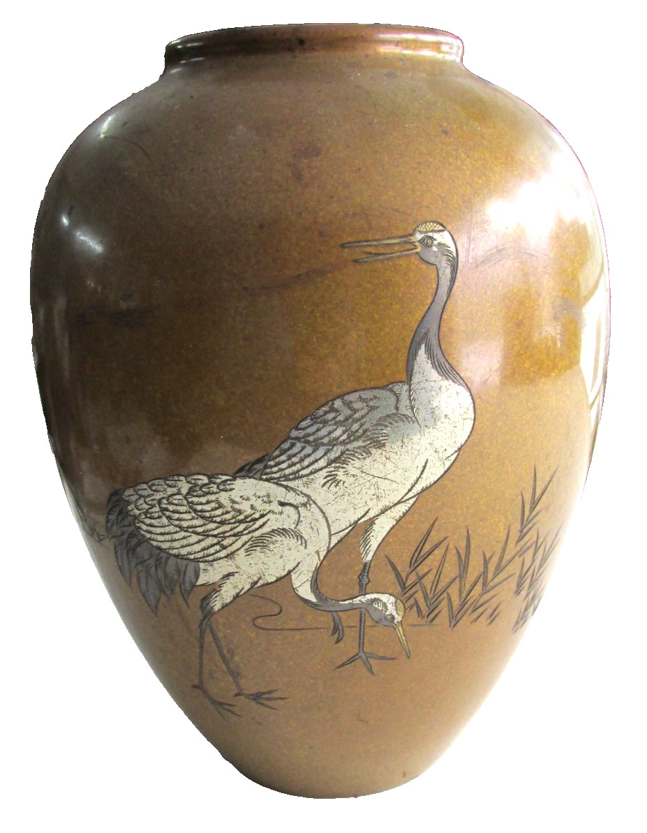 MEIJI PERIOD? JAPANESE BRONZE & Mixed Metals Vase Cranes Bird Decoration, Signed