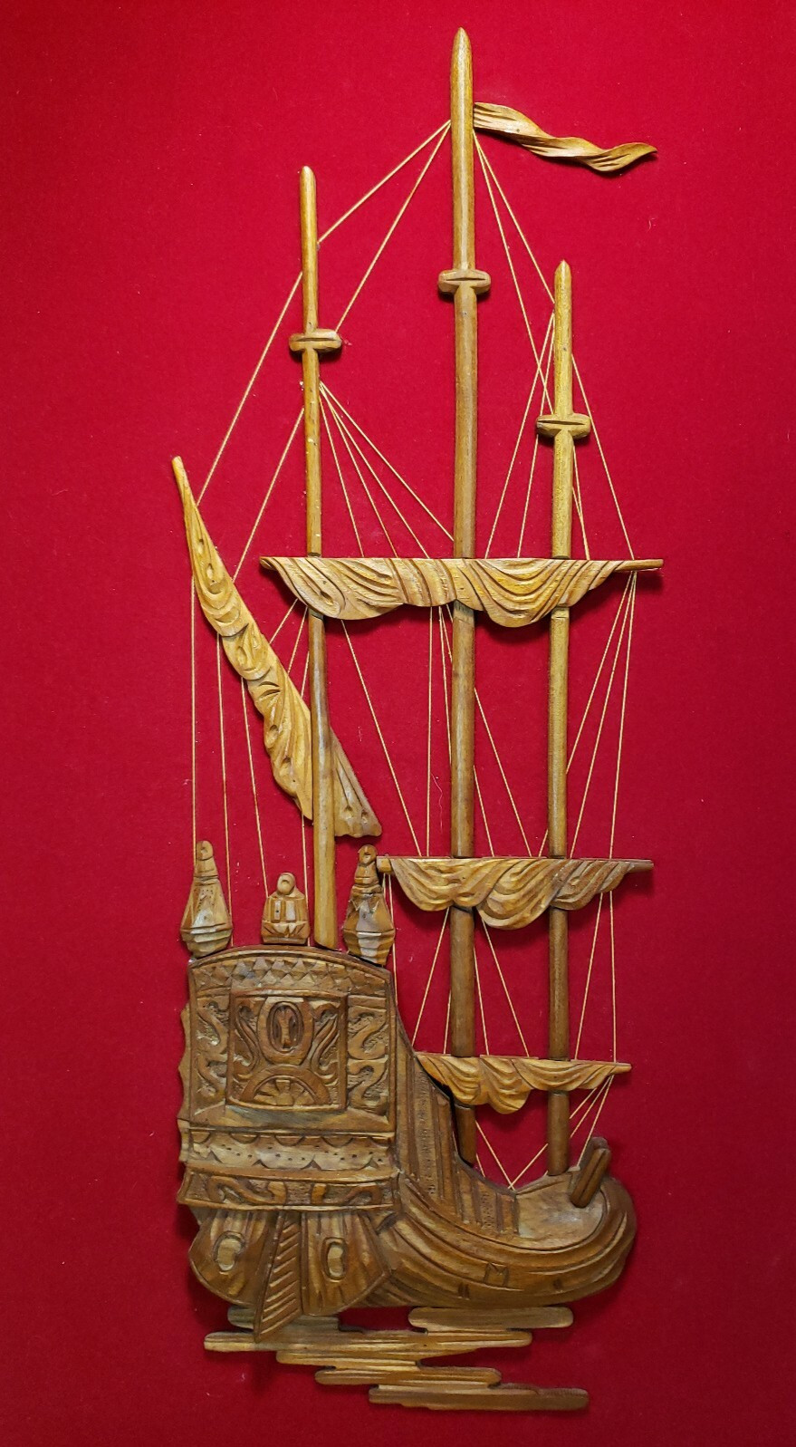 Vintage String Art Ship Wall Hanging Framed Carved Wood Han Palace Art Co Taiwan