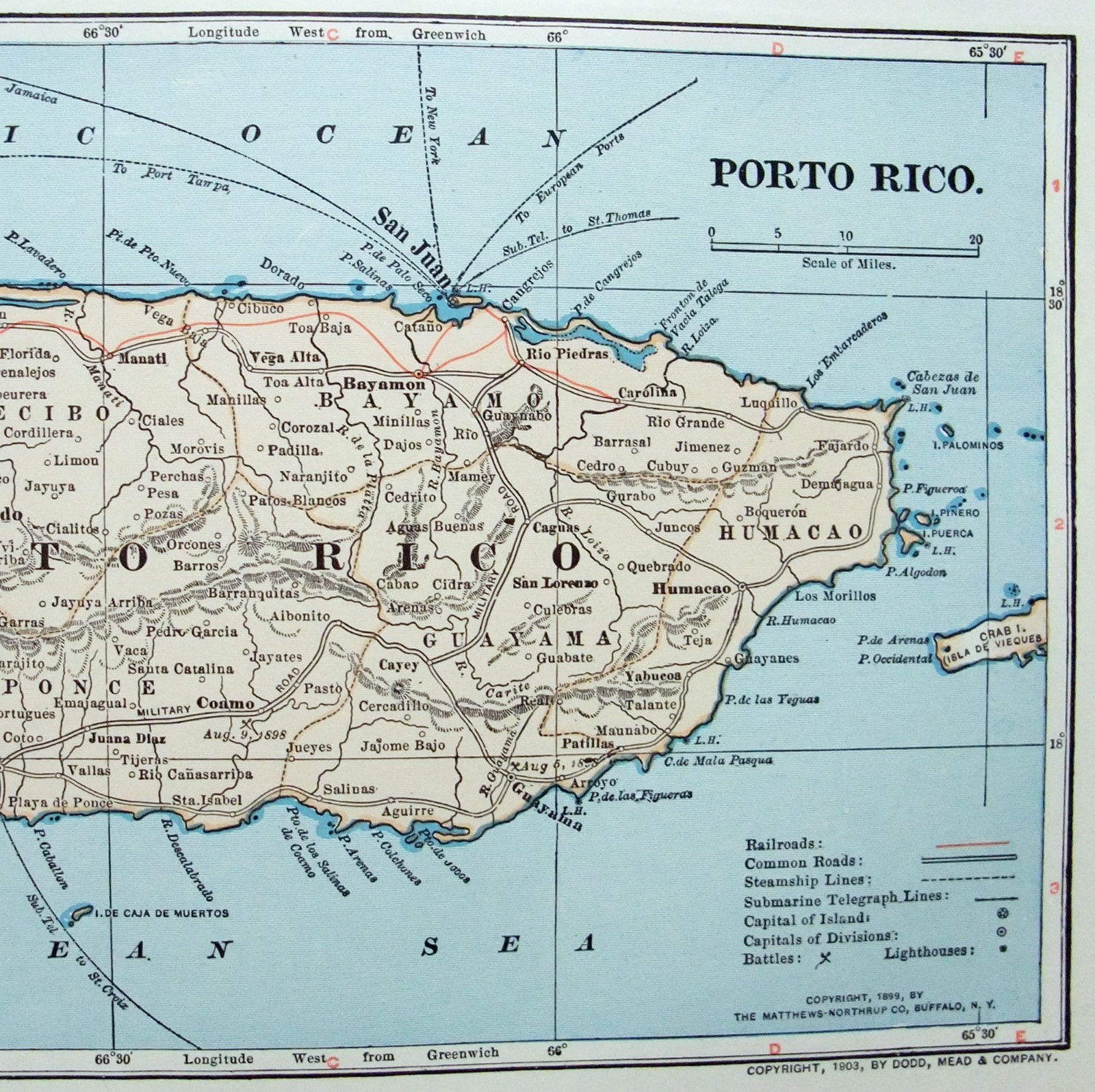 Porto Rico – Original 1910 Dated Map by Dodd Mead & Company. Puerto Rico Antique
