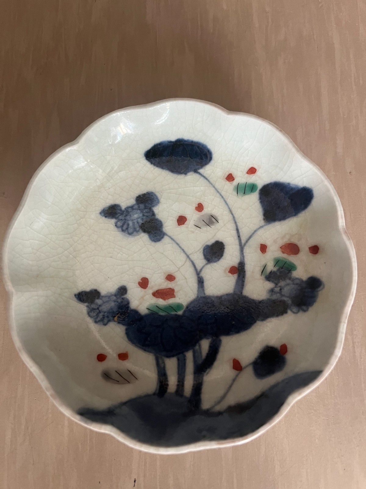 Antique Japanese Imari Small Dish Blue White with Red Green Floral Scalloped 3.9