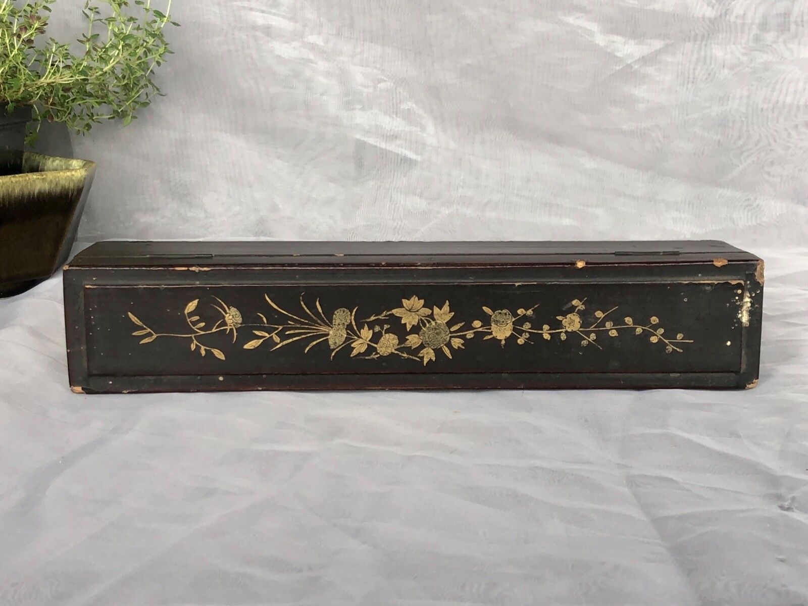 ANTIQUE Japanese Lacquer Box with Original Bird Art Insert Meiji Era Japan