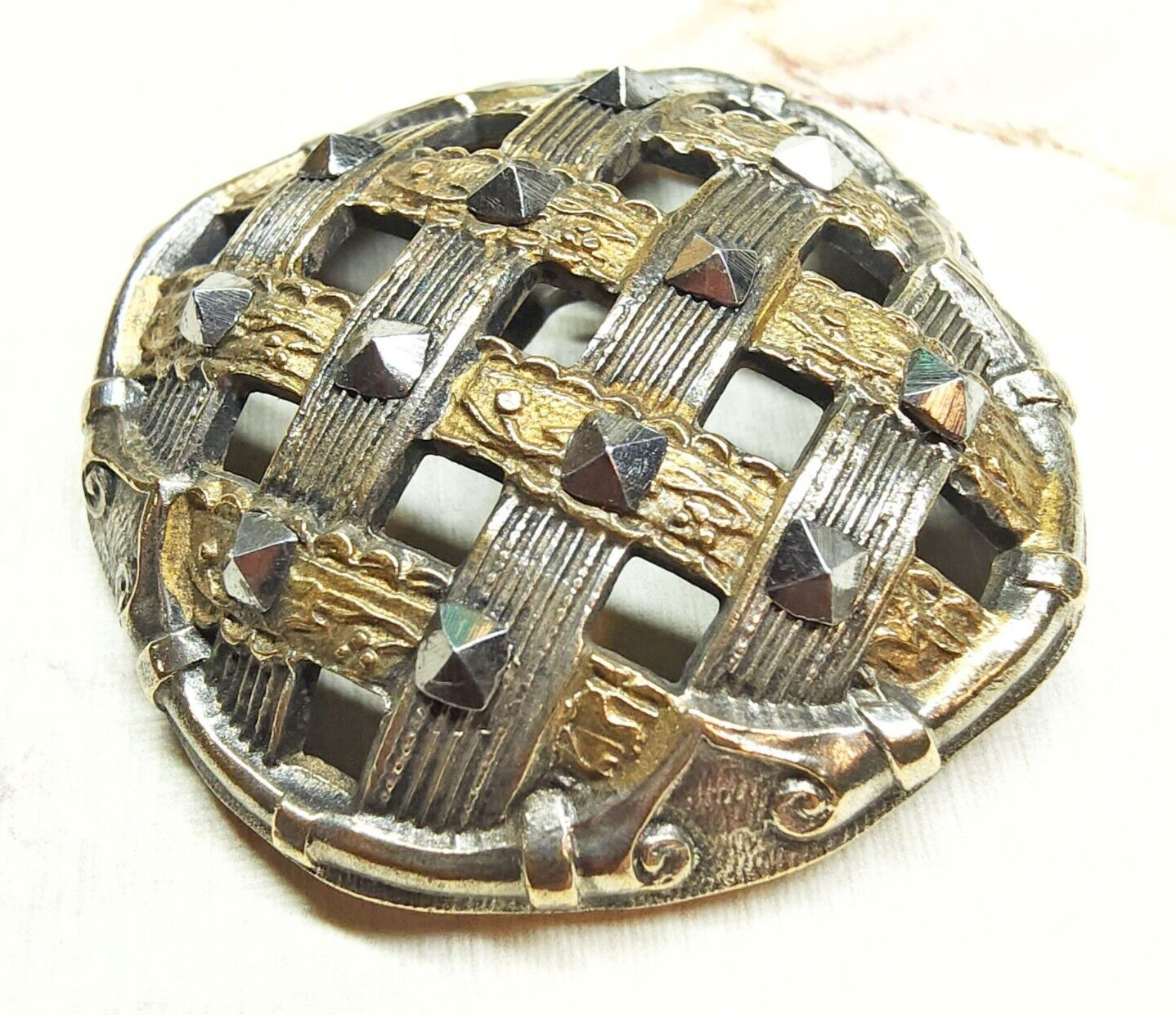 Large Antique Pierced Brass Button ~ Interlaced Basketweave Lattice & Cut Steels