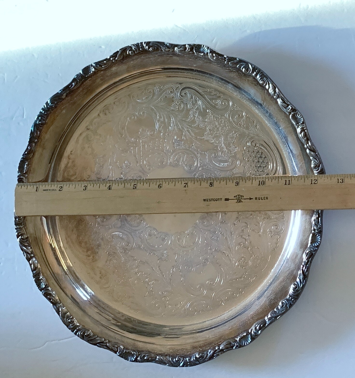 12½” Crescent Silverplate Etched Center, Scalloped Raised Relief Edge Serve Tray