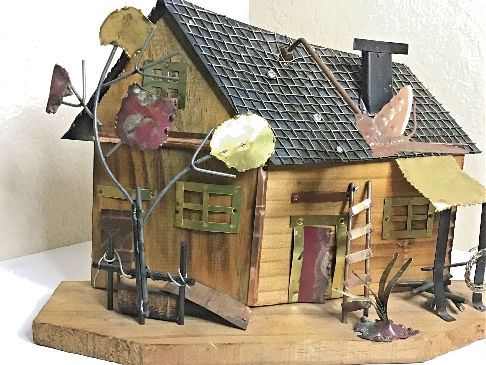 1970’s Folk Art MCM Trading Post Copper Brass Wood Wall Hanging Music Box Art