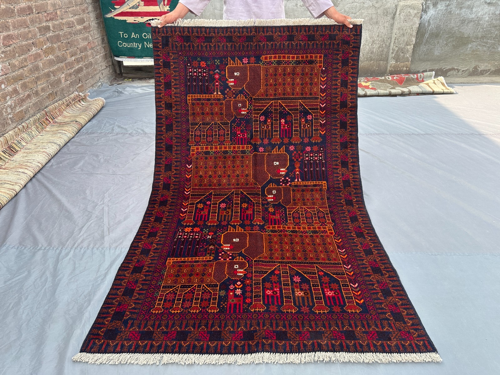 4×6’6 ft Vintage Afghan Hand Knotted Pictorial Rug Tribal Animal Hunting Art Rug