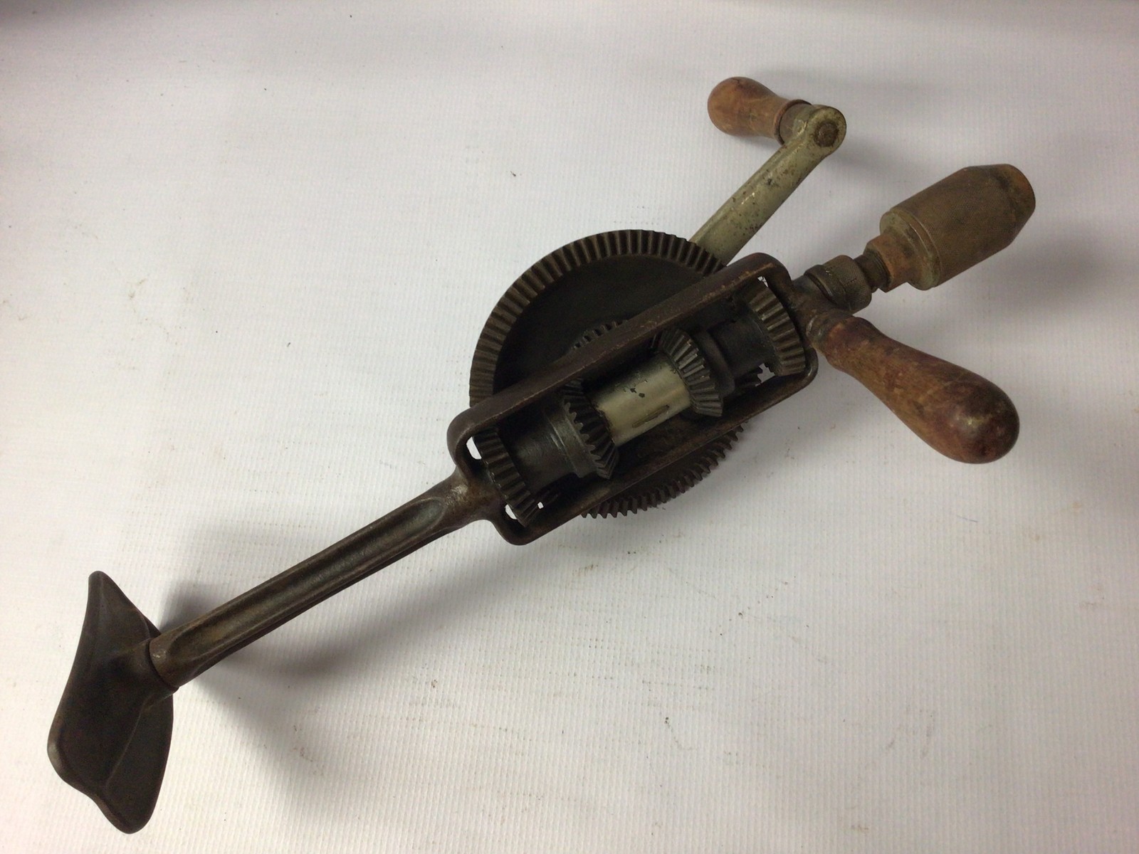 Antique Vintage Hand Crank Drill Manual Gear Driven Carpenter Mechanic Tool Wood