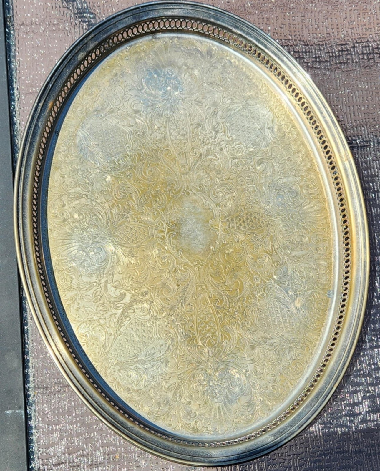 Vintage Silver-Plated Oval Tray Engraved Floral 21.1/2 x 16 inch (Tarnished)