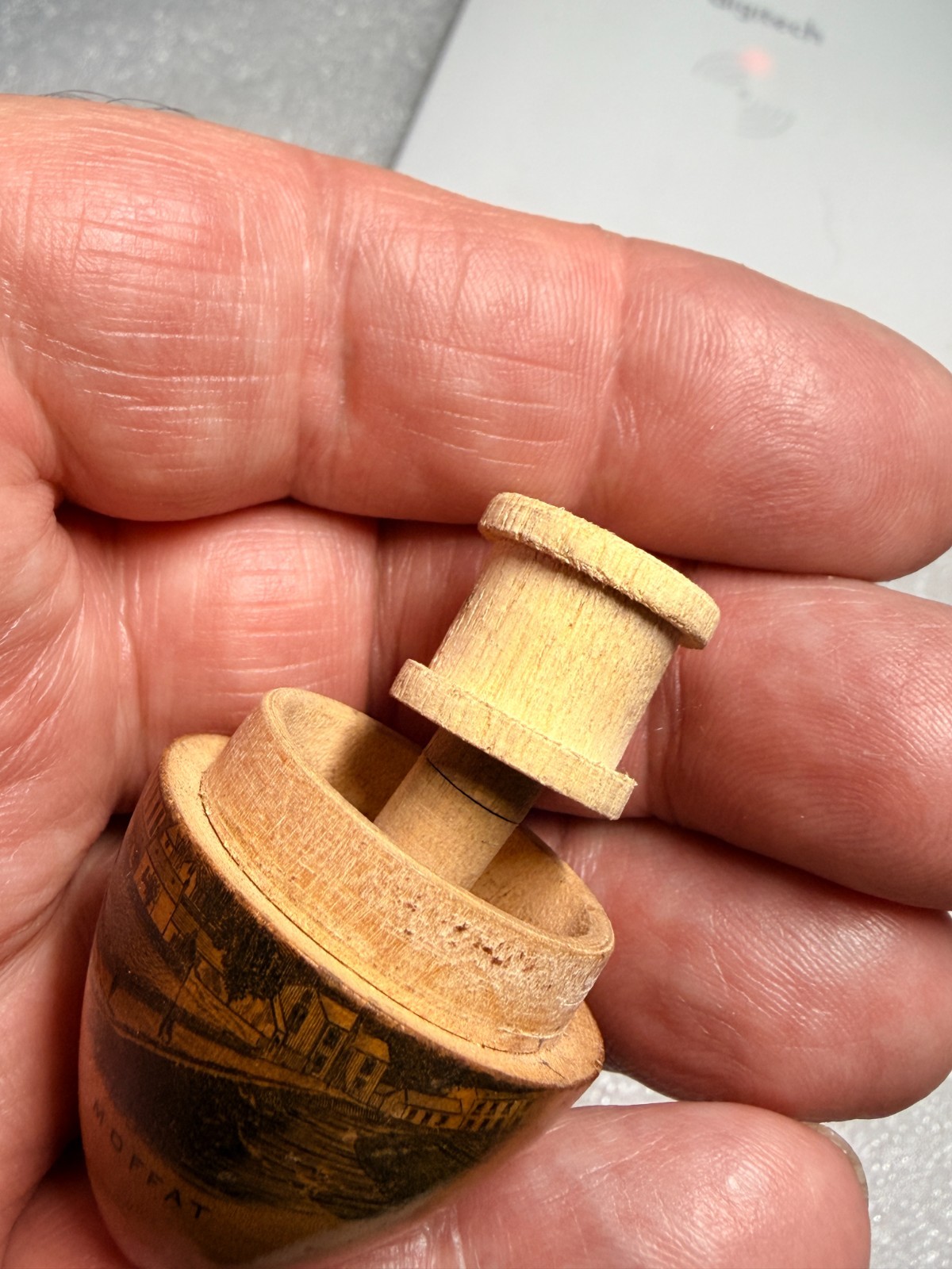 Victorian Treen Mauchline Ware Thread / Thimble Holder – Egg Shape – Moffat