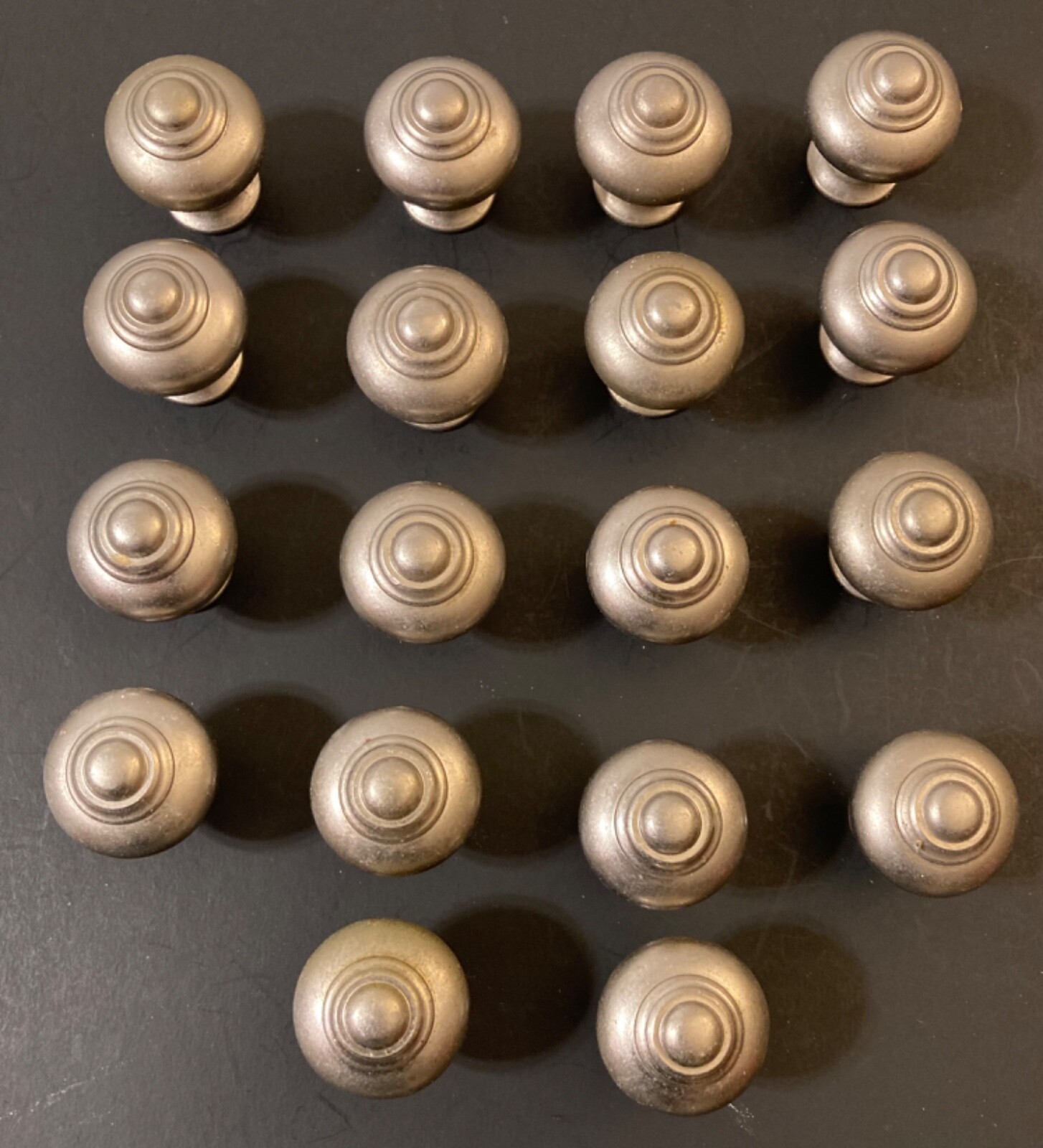 18 Salvaged Vintage Moderne ROUND SILVER ALUMINUM DRAWER / CABINET PULLS +Screws