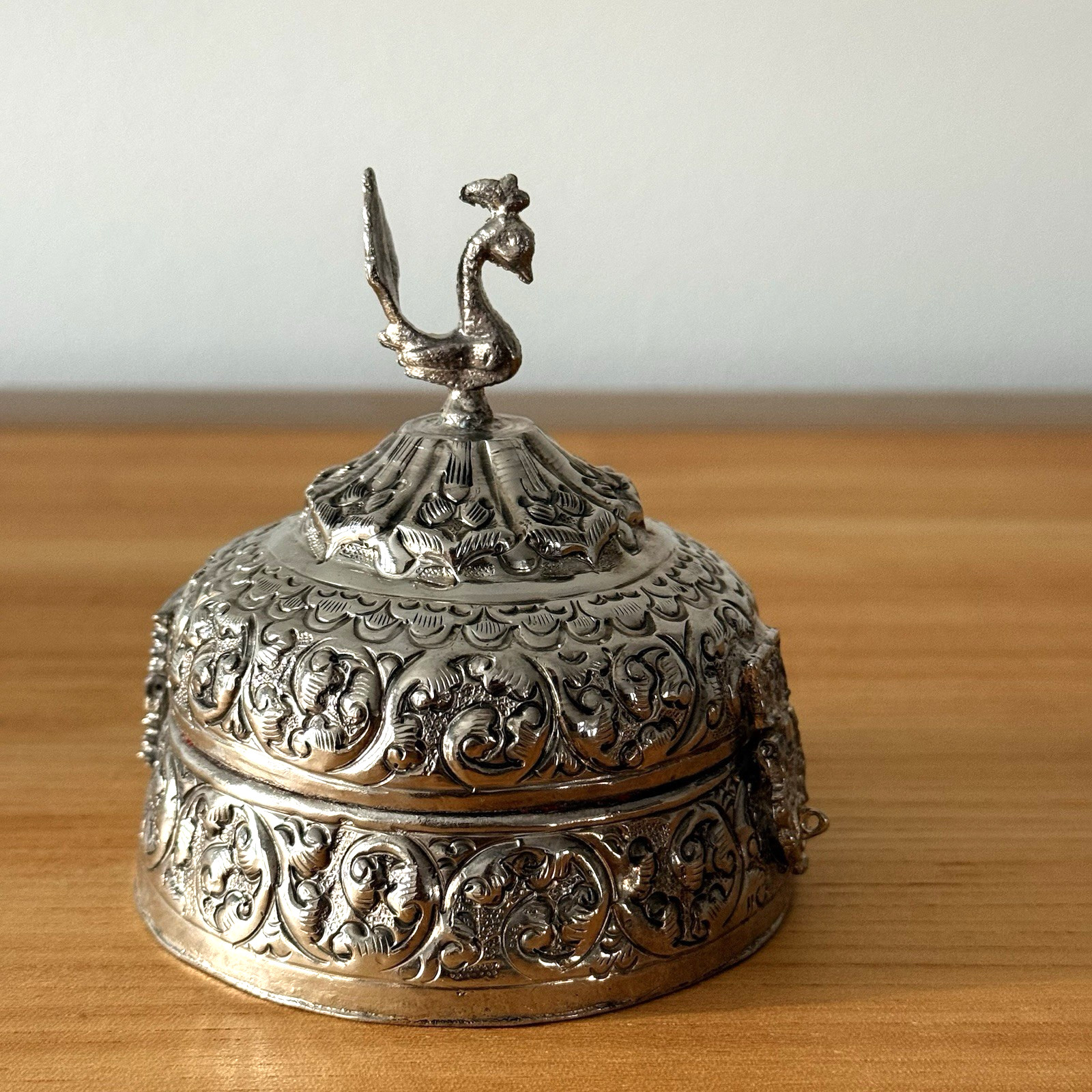 Indian Colonial Silver Plated Repousse Jewelry Box Figural Bird Gift India