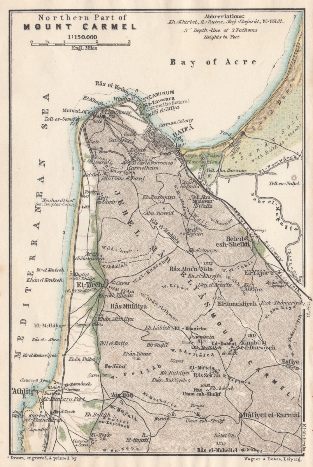 HAIFA Mount Carmel PALESTINE ISRAEL ORIGINAL Vintage Antique map 1912
