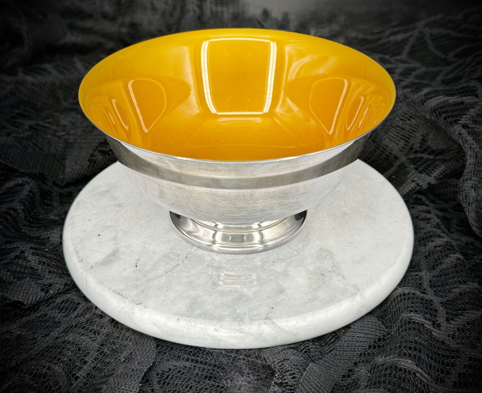 vintage Reed & Barton silverplate Paul Revere bowl with a mustard yellow enamel