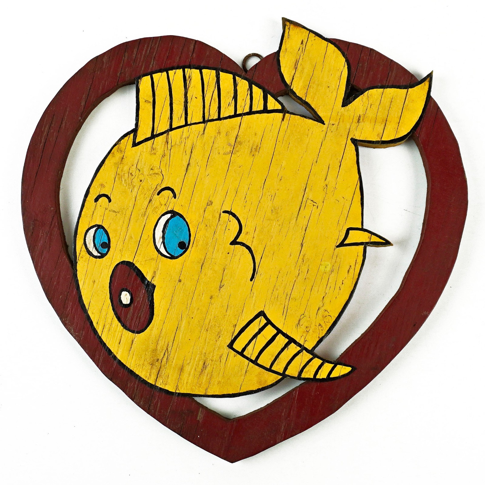 Vintage Folk Art Fish in Heart Painted Wood Wall Plaque